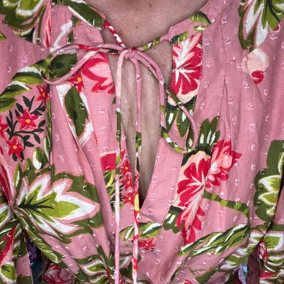 Farm Rio Aura Peasant Dress Women's Pink Floral Cotton Beaded Tassels Boho (S) - Picture 12 of 16